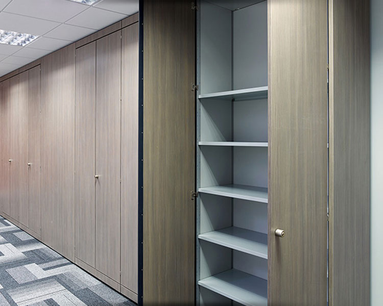 Storage wall internal view with adjustable shelves.